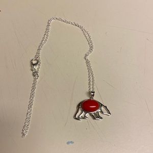 Red coral sterling silver bear necklace